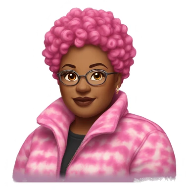 Plus size black woman with pink curly pixie cut hair and a tie dye winter coat  sticker