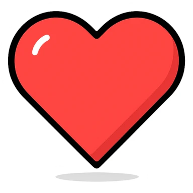 red heart icon with soft shadow and black outline, modern color icon style sticker