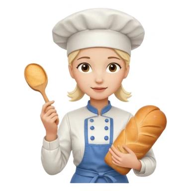 Young female baker - wearing a white chef's hat, holding a cream piping bag and bread in her hand sticker