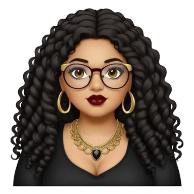 teen big plus size, latina, darker tan skin, gold jewelry, long black curly hair, baddie,pretty, makeup, dark red lipgloss, black eyeliner, long hair, black top, black glasses sticker