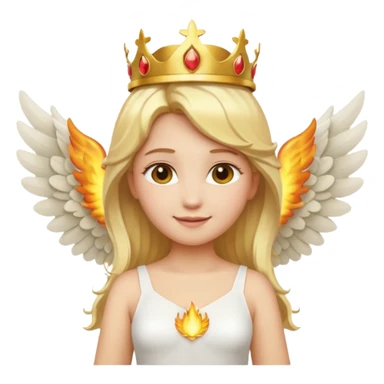 Emoji-style angel: blonde hair, golden flame crown, halo, large detailed wings, white dress, visible feminine body shape, cute smooth emoji look. sticker