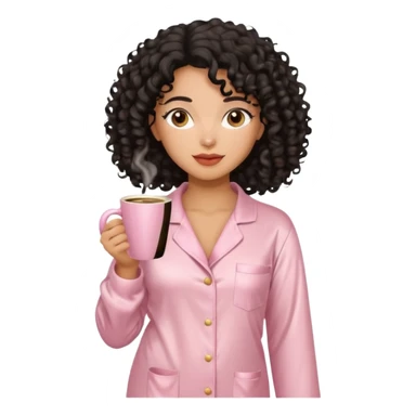 Mixed-race woman with caramel skin and black curly hair, slim thick figure, wearing beige satin pajamas, holding a pastel pink coffee cup, minimal background sticker
