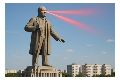 Дворец Советов, основной упор на 100-метровую фигуру Ленина, у которой из глаз вылетают 2 луча прожектора красного цвета.

На фоне можно поставить обычные пятиэтажки-панельки, которые в 20 раз меньше Дворца Советов

Стиль фото реализм, обычный солнечный день  sticker