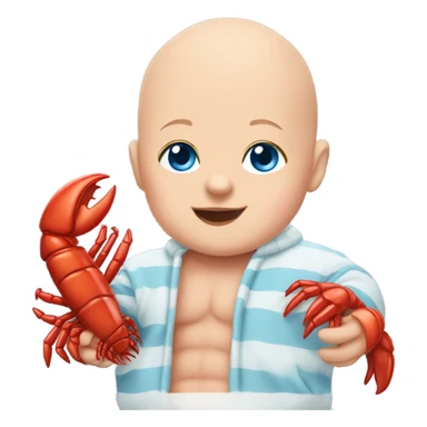 bald baby with blue eyes with stuffed lobster sticker