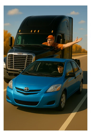 Add a baseball cap to the angry, bald truck driver with glasses and orange shirt, arm out the window. Keep the scene bright and vibrant, with a person in the car in front. sticker