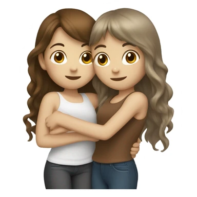 Two girls with white skin hugging. one has long wavy brown hair and the other has long straight brown hair with bangs. sticker
