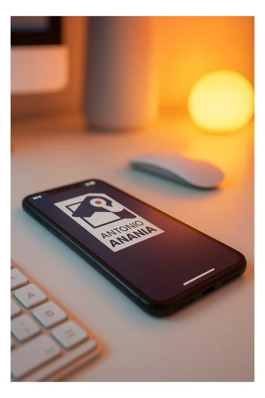 A photo of an iPhone on the desk with the message "Antonio Anania" on its screen, The phone sits atop a desk with a blurred background that suggests work environment. A faint glow from above casts gentle shadows across the surface of each object, creating depth and highlighting their textures sticker