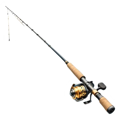 Cinematic Realistic Fishing Rod, sleek graphite rod with a smooth, polished reel, thin line disappearing into a shimmering lake, warm golden sunlight reflecting off the water, glowing with a tranquil and adventurous aura. sticker