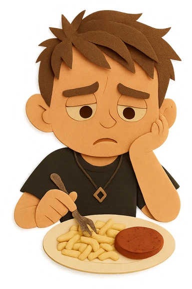 Now he looks slightly worried — he was told that if he doesn't eat protein, he might not grow up. sticker