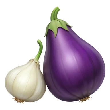 Eggplant beside onion and garlic sticker