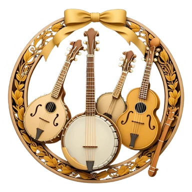 Design a sophisticated and festive emblem-like emoji representing plucked and stringed instruments. The layout should resemble a heraldic crest, featuring iconic instruments like a banjo, mandolin, domra, and sitar, artistically arranged in an elegant and symmetrical way. The necks of the instruments should be intertwined with a flowing ribbon of musical notes, winding around the strings and fretboards. The design should be detailed, showcasing the intricate carvings on the instruments, visible strings, and fret markers. Use a rich color palette with deep golds, browns, and vibrant accents to evoke a sense of luxury and celebration. The musical notes should appear to float around the instruments, connecting them in a graceful, dynamic way. Include ornate flourishes or decorative elements like laurels, swirls, or subtle engravings to give the image a professional, emblematic appearance. The background should be transparent. sticker