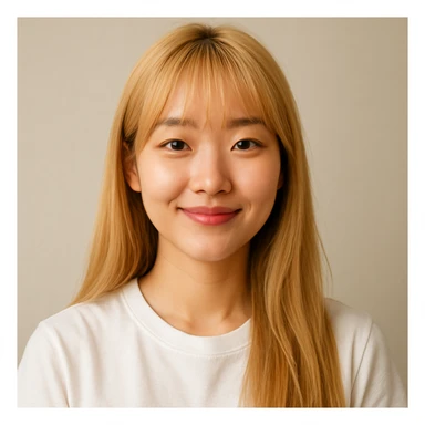 Korean girl with long blond hair and bangs, friendly expression, simple background sticker
