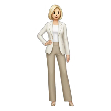 Full height Actively gesturing with hands pale skin woman with ash blonde Straightened bob Hair, White Spacious classical jacket, beige palazzo Arrow pants and gray blouse sticker