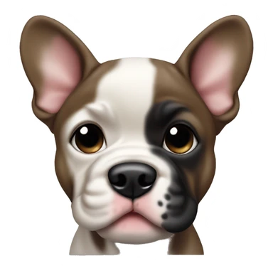 French bull dog puppy that’s dark brown with a black nose and mouth sticker