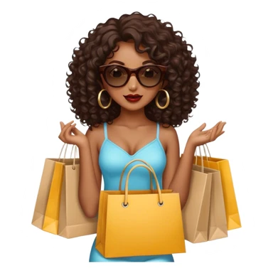 Rich dark brown girl with dark brown mid-length curly hair expensive retail shopping bags and sunglasses sticker