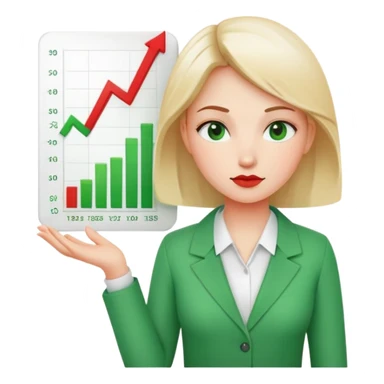 Female character displaying two small charts, green upward trending graph in right hand, red downward trending graph in left hand sticker
