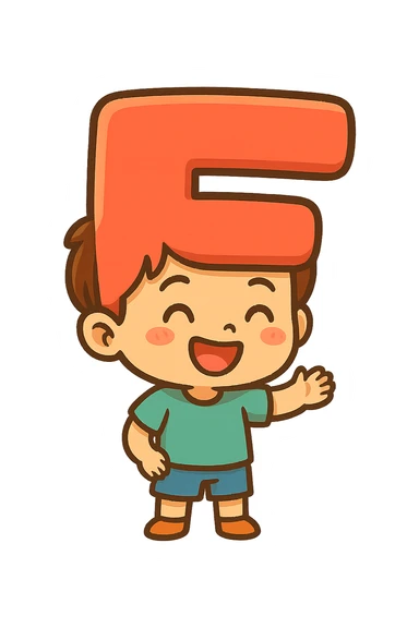 a smiling kid with a head in the form of a bold, uppercase F, colorful and friendly, expressive, cute, cartoonish sticker