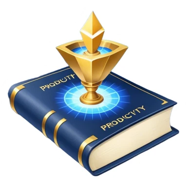 A navy blue productivity book with gold details, chart with upward trend aura, radiating productivity, strategy, and success in motion- sticker