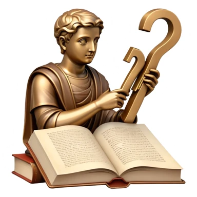 An icon featuring a thinker statue, a scroll, and a question mark, symbolizing philosophy. The design includes books, and abstract symbols representing deep thought and wisdom. Transparent background highlights the study of ideas, logic, and existential questions sticker