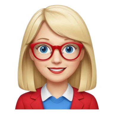 45 yr old white woman, pale skin, long straight blond hair parted in center, blue eyes, bangs, clothes for school, big red glasses, oval face sticker