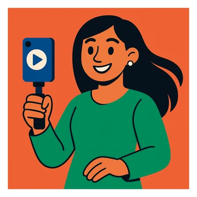 smart, kind, and passionate content creator with long black hair, wearing green clothes, holding a phone or camera, representing a brand marketer and reels maker, modern friendly style sticker