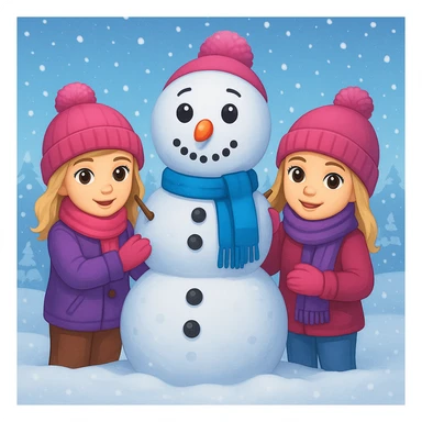 Add a snowy background behind the kids building a snowman, keep the original emoji style sticker