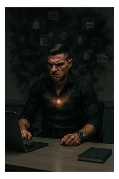 A highly realistic, cinematic image of a young man in his early 30s, sitting at a modern office desk under harsh artificial lighting, shoulders hunched, jaw clenched, and breathing shallowly, symbolizing how modern society forces people to live in a state of chronic tension and restricted breathing. Around him, faint black and grey visual elements represent notifications, deadlines, social media icons, and news alerts, swirling around his head like a chaotic storm, symbolizing societal pressure. His chest appears visually tight and compressed, and faint dark smoke emanates from his body, representing blocked breath and internalized stress. In contrast, a faint glowing light near his chest and abdomen tries to expand, symbolizing the innate desire of the body to breathe freely and deeply. The environment is cold and minimalistic, with a sense of stillness and tension, captured in a hyperrealistic 35mm film style with muted colors, focusing on the man's tense posture and restricted breathing to reflect the unseen burden of modern living. in italiano sticker