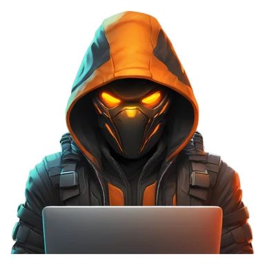  developer behind his laptop with this style : crysis Cyberpunk Valorant orange glowing bright orange character orange black hooded assassin themed character sticker
