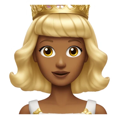 Blonde Barbie with full bangs and long hair and hazel eyes wearing a gold crown sticker