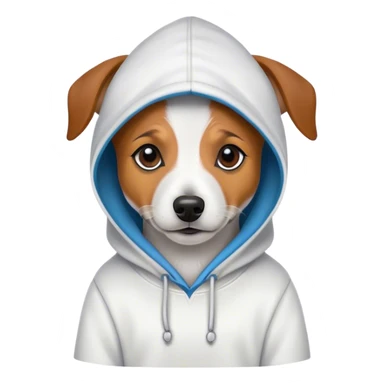 Jack russel wearing a hoodie with a hat sticker