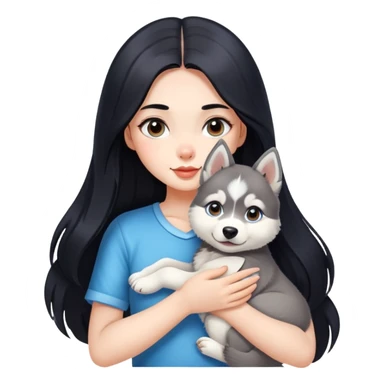 beautiful girl with long black hair holding a cute husky puppy sticker