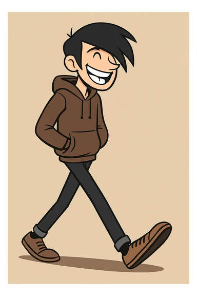 Make the tall, thin man with side-swept black emo hair look much happier, with a big smile showing lots of teeth, keep the walking pose and style as in the original image. sticker