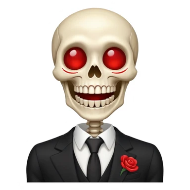 cartoon skeleton in black suit with red circles instead of eye laugh sticker