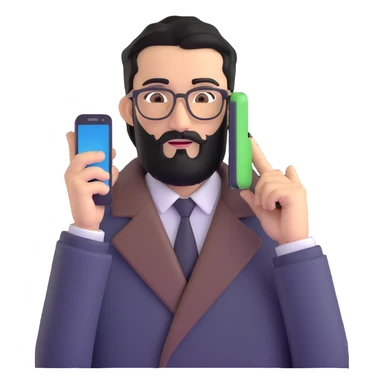 professional man with medium black beard, black hair combed to one side, connected unibrow, olive tan skin, brown eyes, glasses, prominent nose, wearing black coat, holding smartphone to ear in calling position, with subtle office background sticker