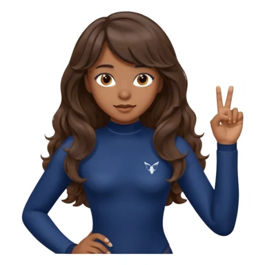 Uzun kahverengi dalgalı saçlı kahverengi gözlü esmer perçemli üzerinde lacivert parmak detaylı body olan bir kız yap sticker