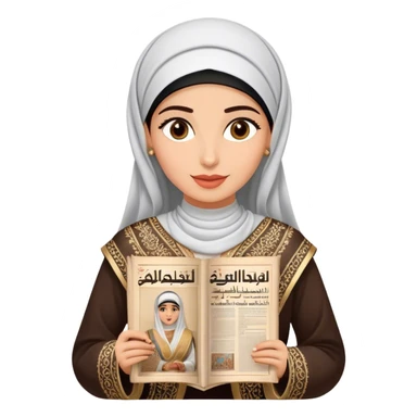 a woman dressed in a traditional embroidered outfit, elegantly holding a historical Arabic newspaper. The newspaper headline announces the formation of the United Arab Emirates, adding a sense of cultural and historical significance.  sticker