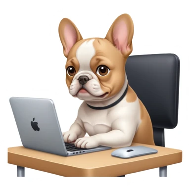 Frenchie working behind computer sticker