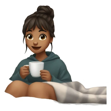 25 years old girl with bangs, bun and brown eyes in a cozy blanket drinking tea sticker