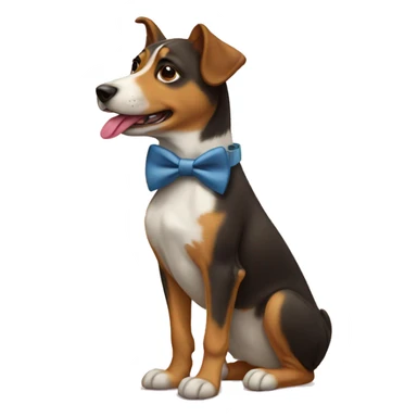 A dog with a bowtie licking a boot sticker