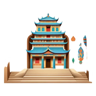 Mogao Caves Dunhuang with colorful Buddhist murals, simplified emoji style with bold outlines and bright colors, cartoon style cave entrance with paintings sticker