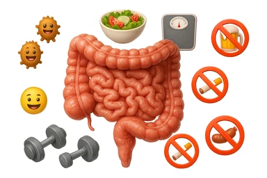 intestino umano anatomico realistico al centro, intorno al quale ruotano emoji stile iphone di: due batteri intestinali felici, una bowl di insalata, una bilancia pesapersone, manubri da palestra, e un boccale di birra con divieto 3d sopra, una sigaretta con divieto 3d sopra e un wurstel con divieto 3d sopra, fluttuano in aria, iperrealistico 4k sticker