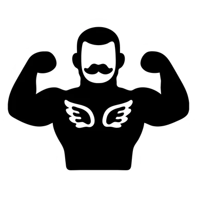 pumped up white male, buzz cut black hair, handlebar mustache black, two wings tattooed on his chest sticker