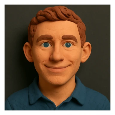 Claymation portrait with a younger face, narrower nose, narrower chin, friendly and confident facial expression, slightly larger forehead, anthracite background. Full head and hair in the frame, nothing cropped. sticker