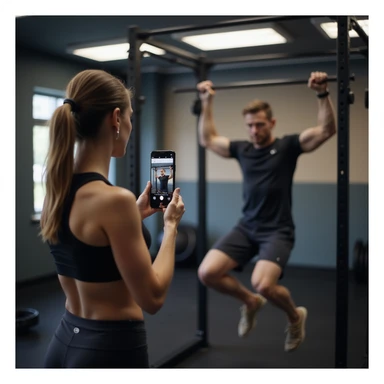 woman in gym wear holding smartphone on stand, recording video check for coach while doing pull-ups on bar, fitness equipment environment, hyperrealistic details, 4K, 3/8 sticker