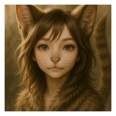 Make features more cat-like with larger cat ears, visible whiskers, feline nose, and a fluffy tail, while keeping the realistic anime style. sticker