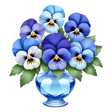 A charming bouquet of deep blue and pastel blue pansies, delicately arranged with hints of periwinkle and sky-blue blooms, wrapped in a pearl satin ribbon and placed in a crystal vase, reflecting soft light. sticker
