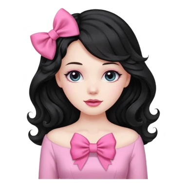 black hair with wavy long hair and pink clothes coquette vibes, a bow sticker