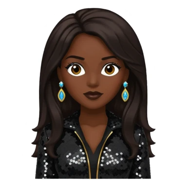 Cindy Herron from En Vogue with long dark brown hair, black sequin outfit sticker