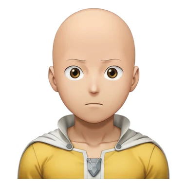 Saitama with blank face from One Punch Man, plain expression, bald head, simple round eyes, yellow hero suit, comical anime look sticker