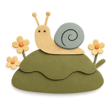 mossy rock with snails and small flowers in earthy pastel colors, paper craft style sticker